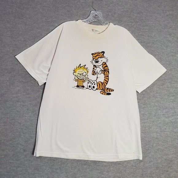 VINTAGE Calvin And Hobbes Men Shirt XL White Comics Graphic‎ 90s USA Tee READ